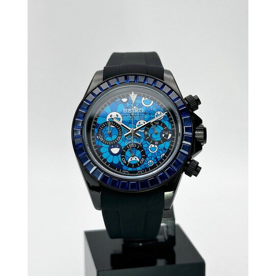 Custom Seiko Mod •Blue Diamond Black Daytona Murakami • 39.5mm